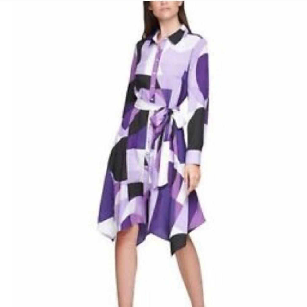 Calvin Klein Purple Abstract Print Asymmetrical Shirt Dress
